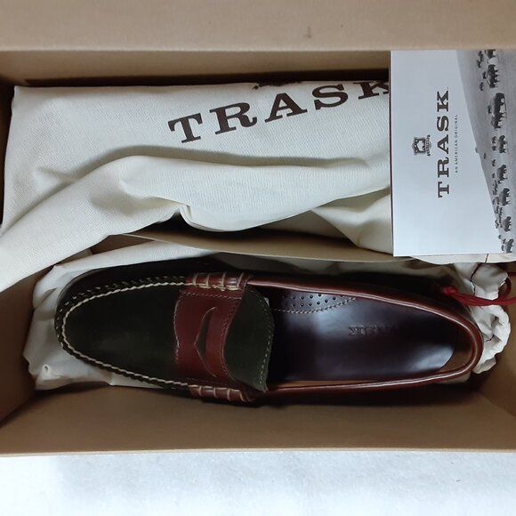 TRASK HUNTER MEN GREEN SUEDE DARK BROWN STEER LEATHER SLIP ON SHOES 11M - Picture 1 of 16